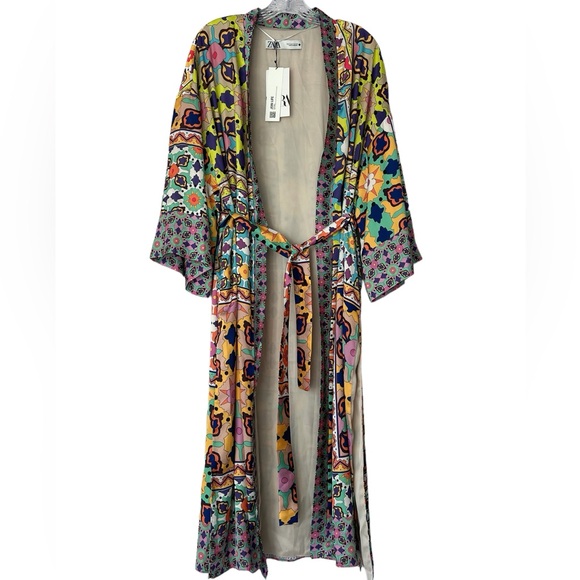 Zara Women's Kimono Robe Style Floral Print Midi Open Front With Tie Size M NWT - Picture 7 of 15